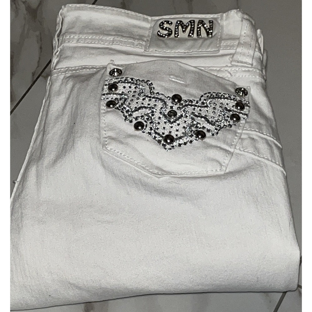 Women's Rhinestone Skinny Jeans Size 11 White Denim Western Cowgirl Bling Pocket